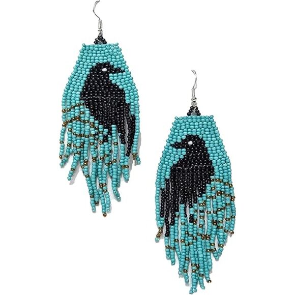 Jewelry - 2/$20 Black Bird Teal Bead Fringe Raven Southwestern Earrings